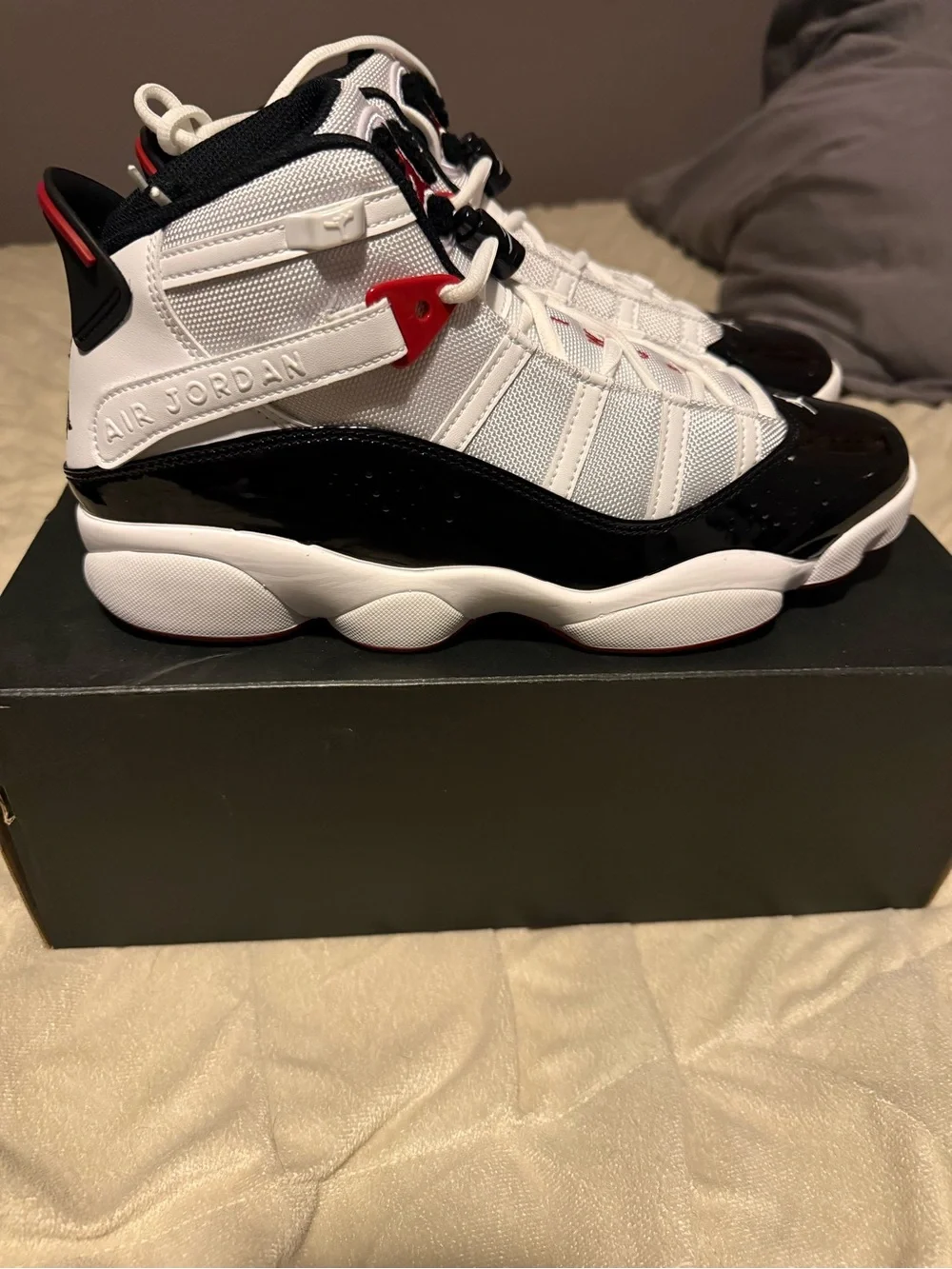 Jordan 6 Rings : White Black Red Leather-Trim Basketball Sneakers